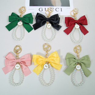 Ins New Small Fragrant Pearl Bow Keychain Pendant Bag Pendant Accessories Wrist Mobile Phone Lanyard