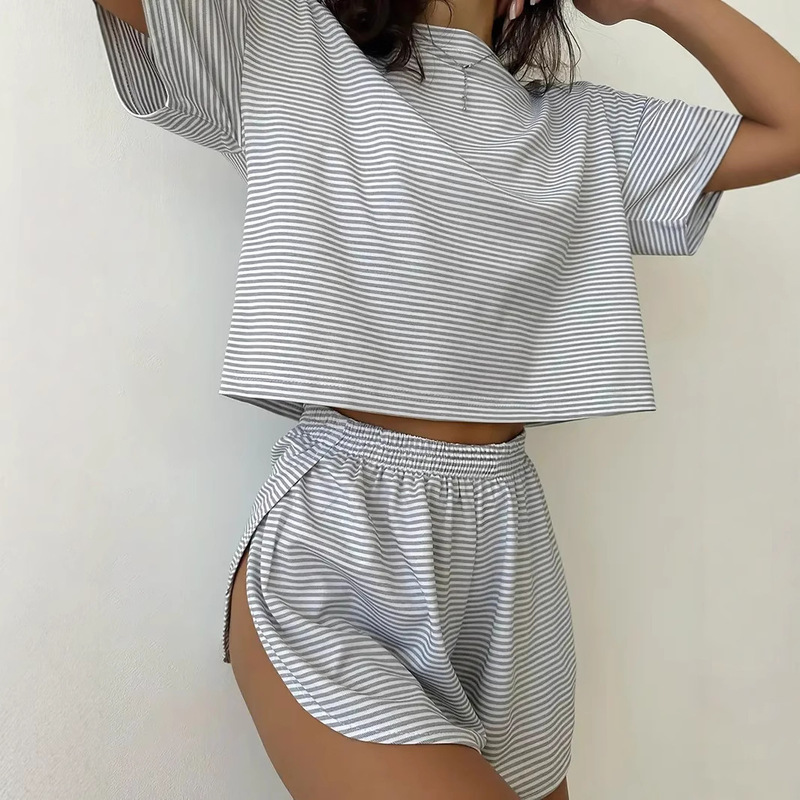 2025 Summer New Products in Stock Simple and Comfortable Pure Color Knitted Short-Sleeved Elastic Waist Shorts Home Wear Two-Piece Set for Women