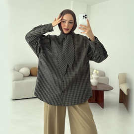 欧美跨境女装2026年春季新款时尚宽松千鸟格长袖单排扣衬衫衬衣