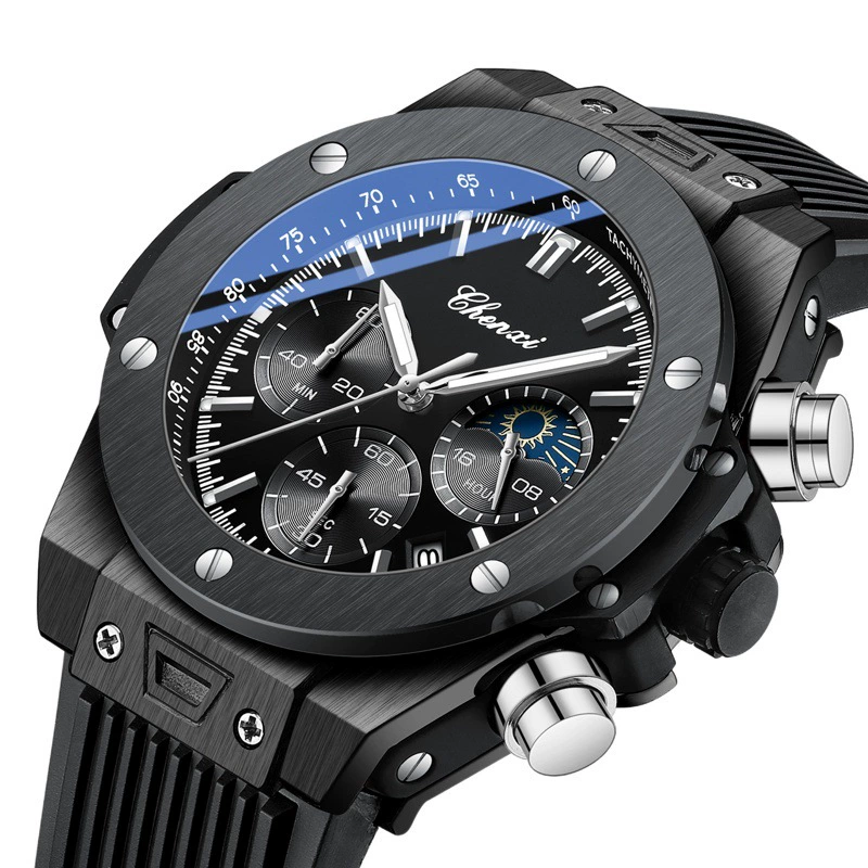 Dawn New Rivet Cool Многофункциональные мужские часы Moon Phase Хронограф Календарь Силиконовый ремешок Кварцевые часы Мужские
