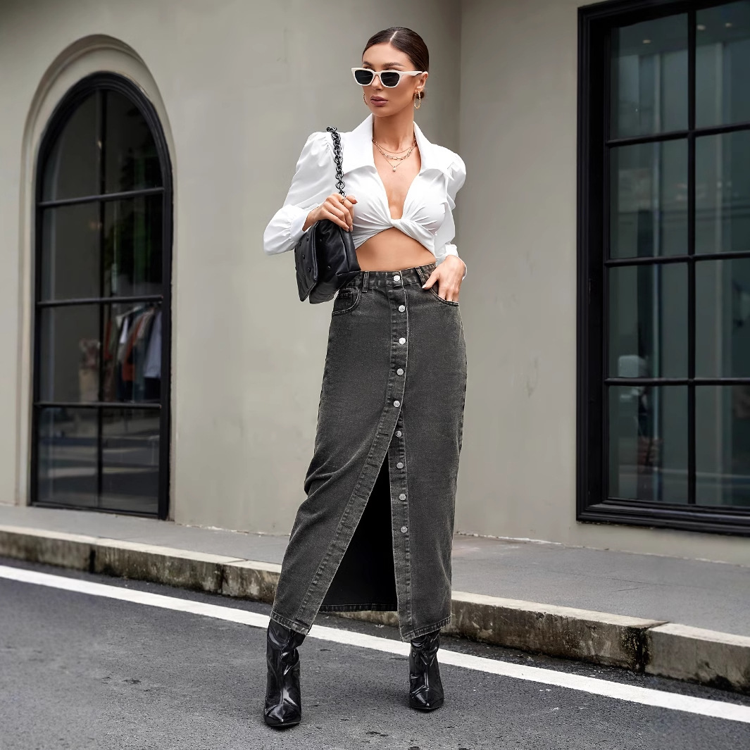 Women's Clothing Retro Trend Slit Multi Button Denim Skirt_voghion.com