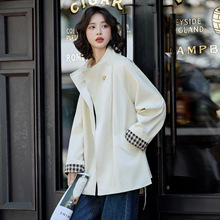 韩系休闲风衣外套女2025秋季新款女装宽松翻领格纹拼接中款上衣