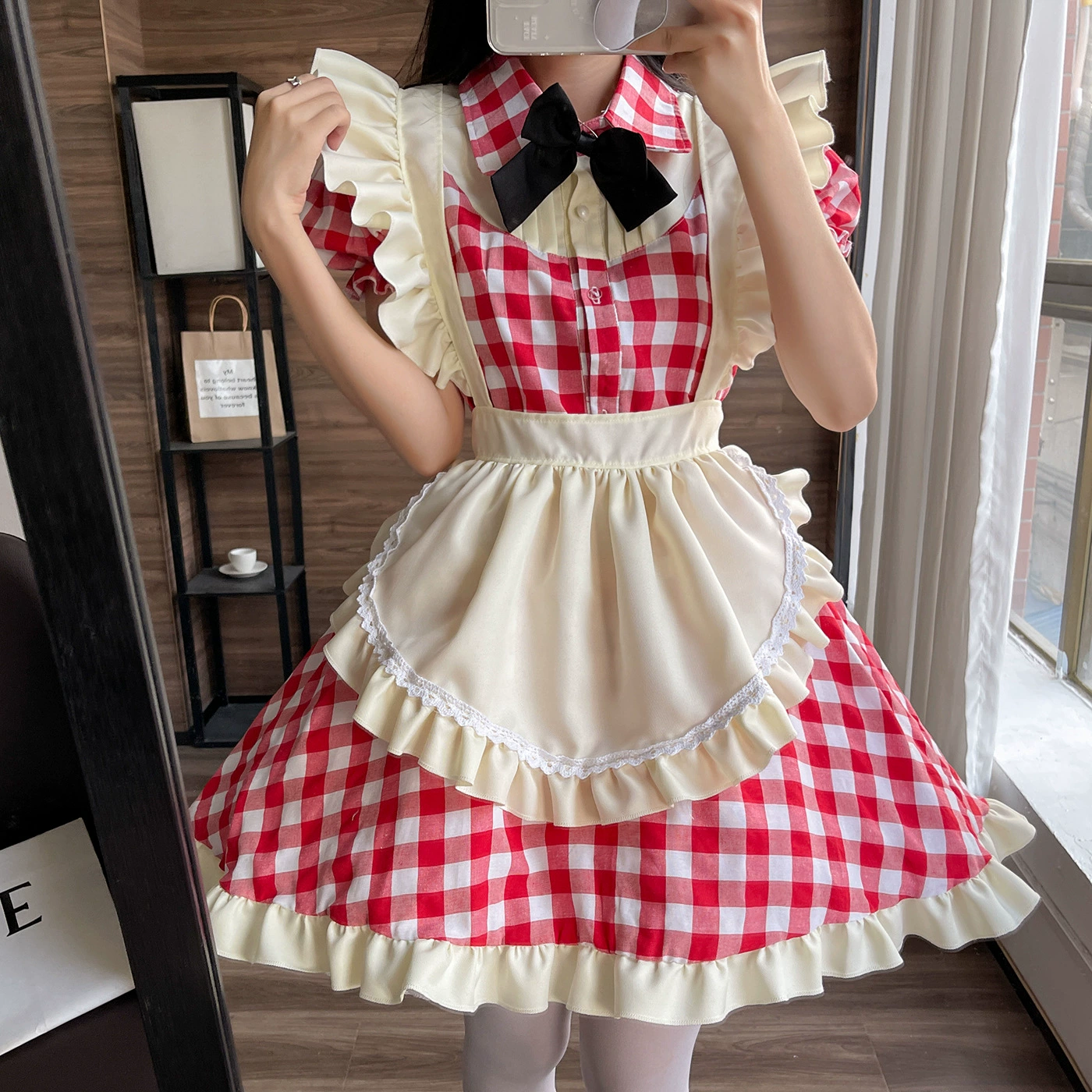 КостюмLolita в стиле униформы горничной, размеры от S до 5XL, красная клетка и Haig