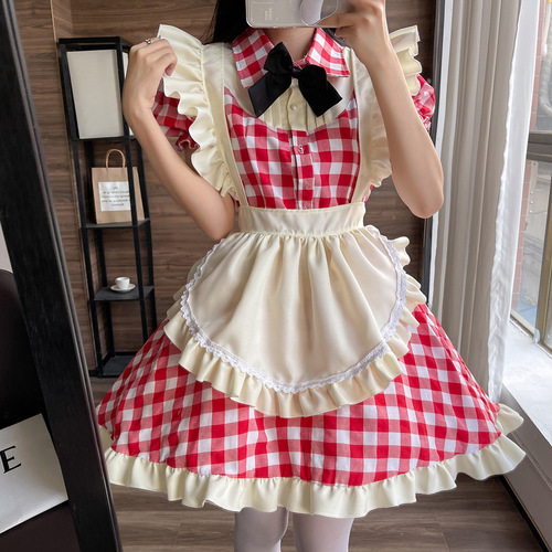 Japanese cute style lolita maid outfit sexy cosplay maid uniform dress black and red plaid plus size