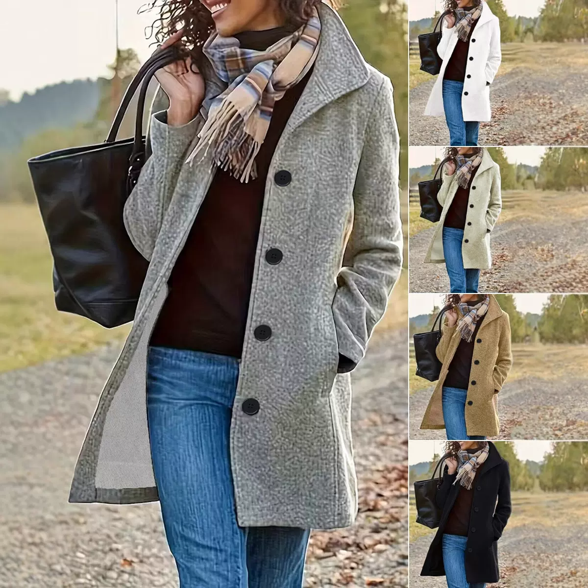 跨境亚马逊2025秋冬爆款女式毛呢外套纯色翻领带口袋长款呢子大衣