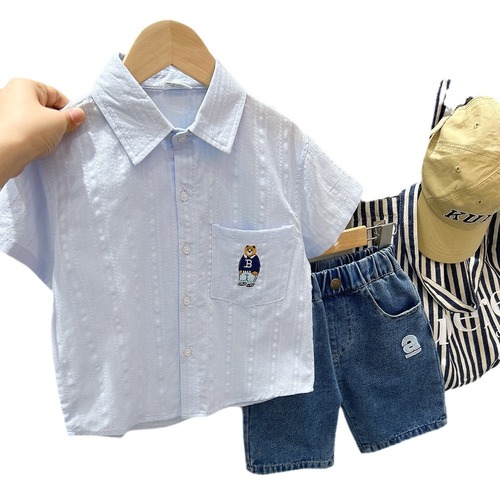 Boys Summer Short Sleeve Shirt 2024 New Children's Cardigan Baby Solid Color Shirt Korean Style Loose Cartoon Top