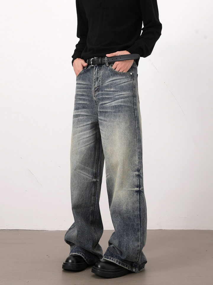 Quần jeans nam dáng chữ A ống rộng phong cách retro, râu mèo nổi, lưng vừa, dài ống suông — Màu xanh dương