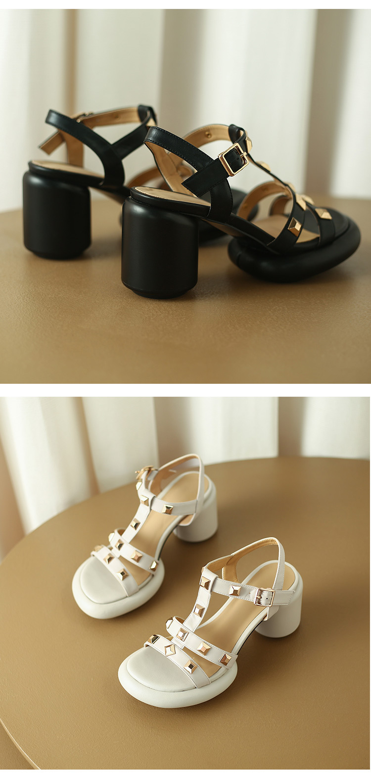 Sandal cao gót nữ mũi nhọn quai ngang đinh tán gót vuông 9 cm — màu đen, màu trắng ngà, màu vàng chi tiết 17