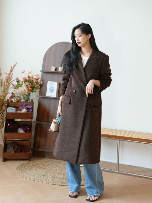 【限定特価】おしゃれ通勤アルパカノーカラースーツコート 着痩せダブルブレストウールコート レディース|undefined