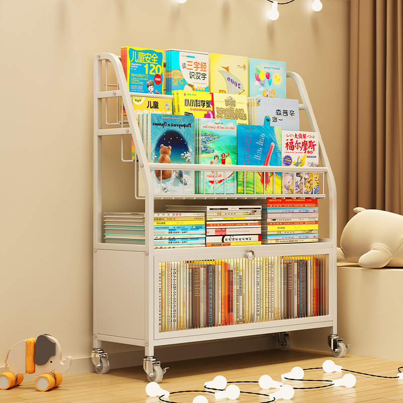 Estante de almacenamiento de libros de imágenes de múltiples capas tipo piso estante de almacenamiento de juguetes móvil a prueba de polvo con puerta de gabinete Gabinete para niños