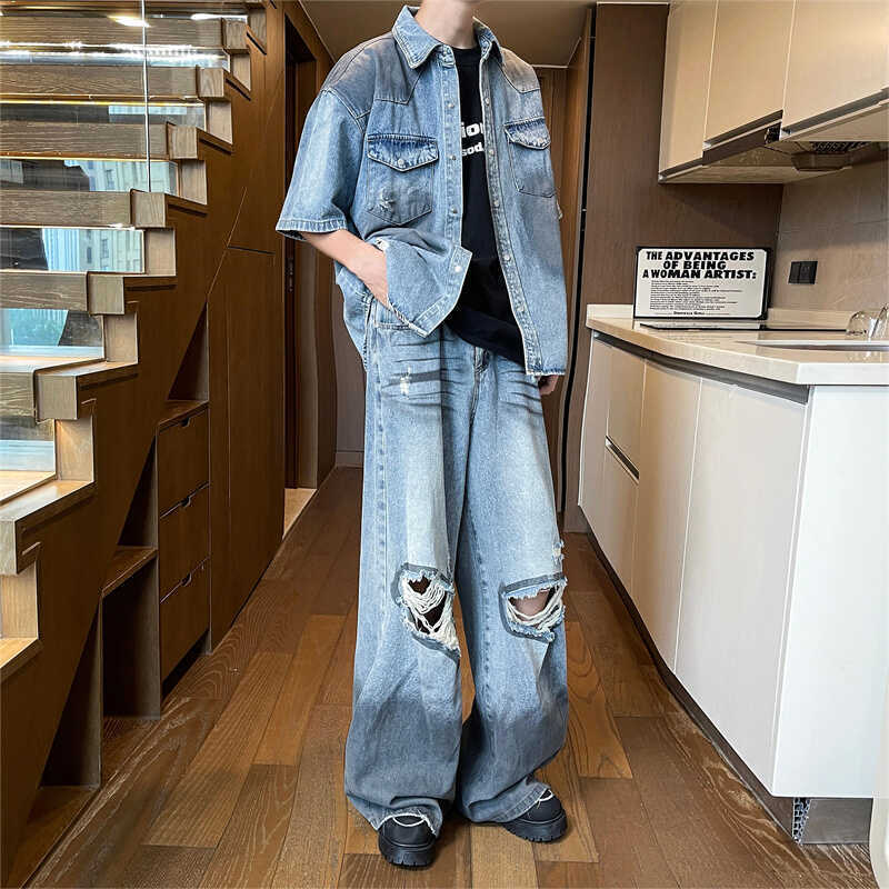 American Style Retro Old Dirty Dye Ripped Hole Deconstruction Denim suit Men's Summer Street Duffy Handsome Fashionable Jeans Shirt
