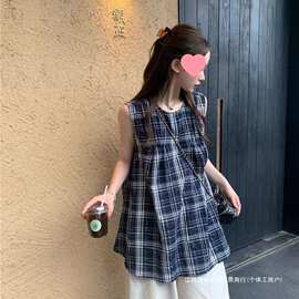 日系复古设计感格子圆领衬衫女夏季新款宽松无袖休闲娃娃衫上衣潮