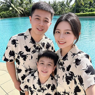 衬衣亲子装夏季新款 开衫短袖母女装情侣装渡假休闲新品雪纺衬衫