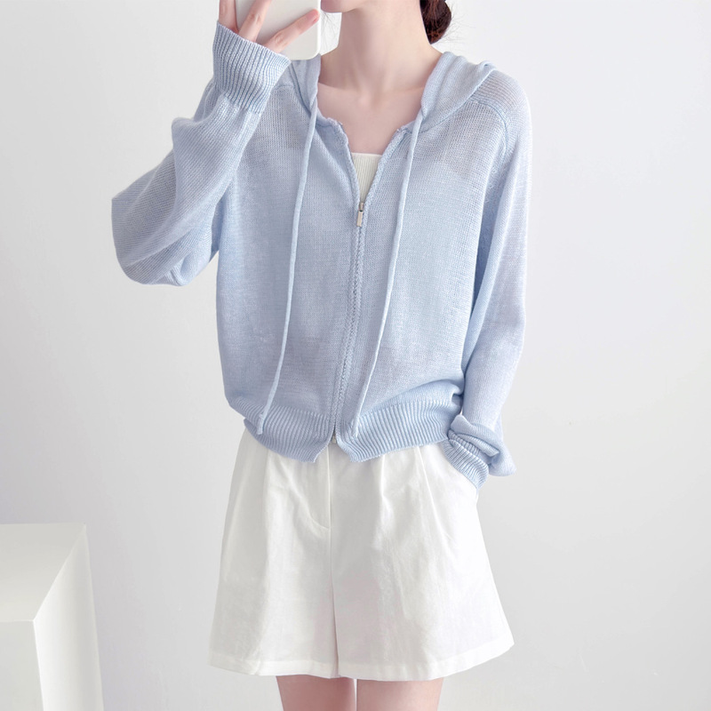 Hooded Double-Zip Knitted Cardigan for Women, Summer Thin Sun-Protective Jacket, Short Outerwear, Air-Conditioning Shirt, Korean Style Women's Clothing Hooded Double-Zip Knitted Cardigan for Women, Summer Thin Sun-Protective Jacket, Short Outerwear, Air-Conditioning Shirt, Korean Style Women's Clothing
