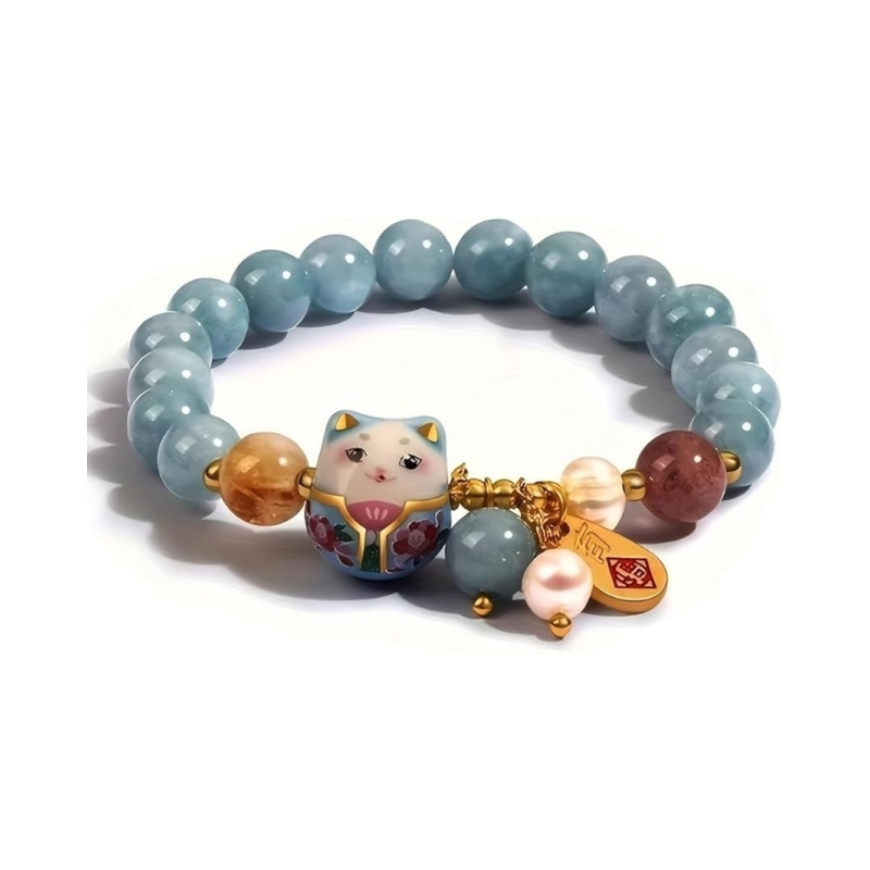 Amazon's Best-Selling Cute and Fashionable Ceramic Lucky Cat Blessing Lucky Bracelet Aquamarine Beaded Women's Bracelet