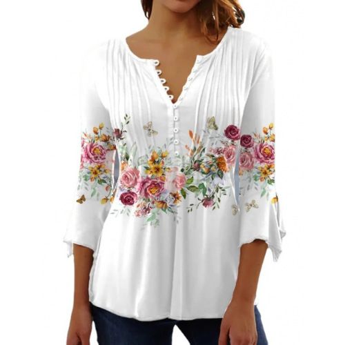 2025 Cross-border European and American Spring and Summer Fashion New Women's Floral Print V-neck Short Sleeve Pressed Button T-shirt Base Shirt