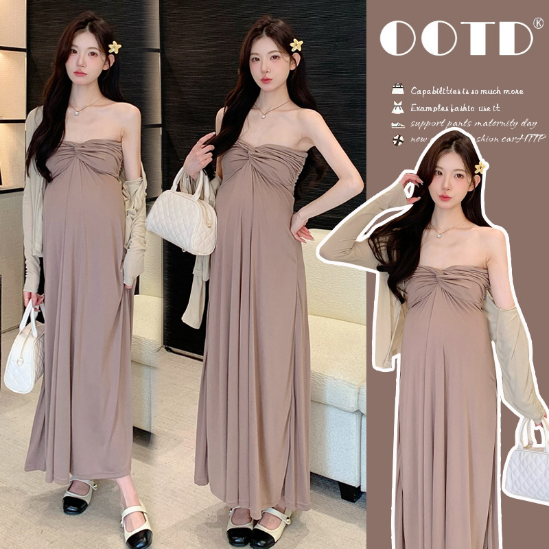 Real Shot of Maternity Wear 2025 Summer New Style French Tube Top Dress Sexy Hot Mom Dress Long Skirt