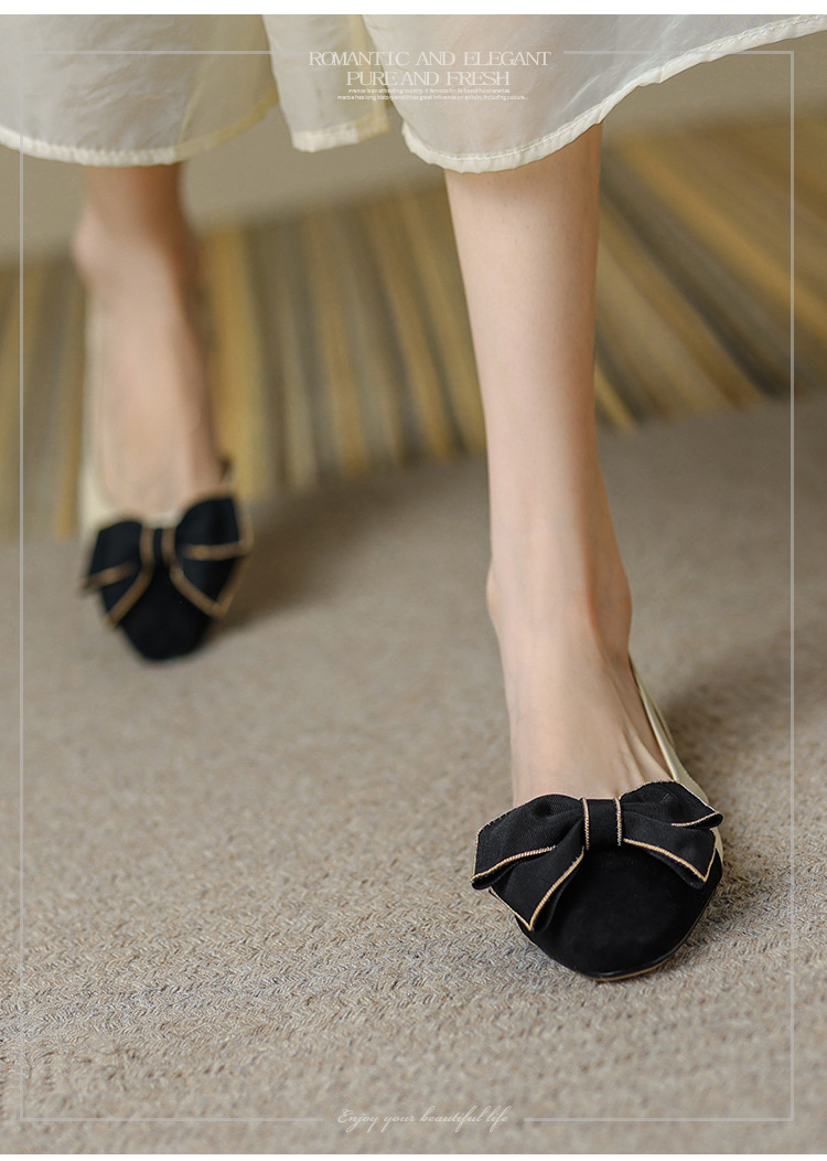 Sandal nữ bít mũi đế bệt phong cách cổ điển nơ phối màu — Màu đen chi tiết 9