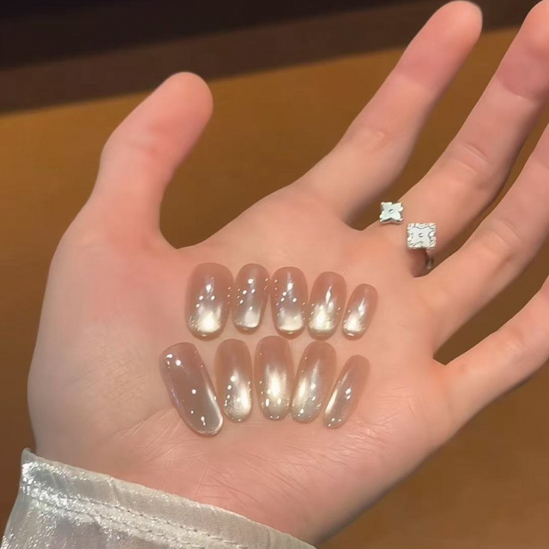 Popular Aurora Hailey Small Bulb Electroplated Cat Eye Wearable Nails Short Style Simple Student Daily Manicure Extension Nails