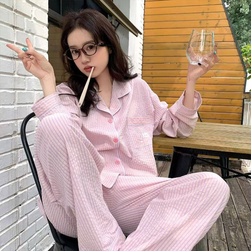 Cute Lapel Striped Long-Sleeve Cloud Cotton Pajamas for Women, Spring and Autumn Comfortable Casual Loungewear Set, Can Be Worn Outside, Thin Cute Lapel Striped Long-Sleeve Cloud Cotton Pajamas for Women, Spring and Autumn Comfortable Casual Loungewear Set, Can Be Worn Outside, Thin