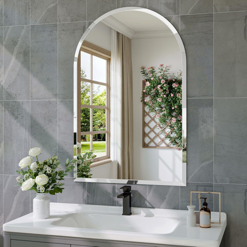 Frameless Bathroom Vanity Arch Mirror with Beveled Edge Decorative Arch Wall Mirror for Bedroom and Living Room Frameless Arch Mirror