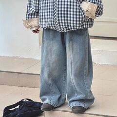 男童水洗磨白复古蓝宽松直筒裤儿童牛仔裤中小童休闲百搭外穿长裤