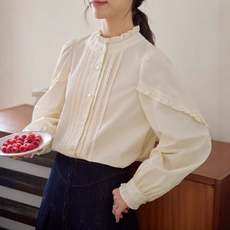 Nov Elis1 New French-Style Girl's Small Stand Collar Tuck Pleated Blouse with Ruffled Long Sleeves