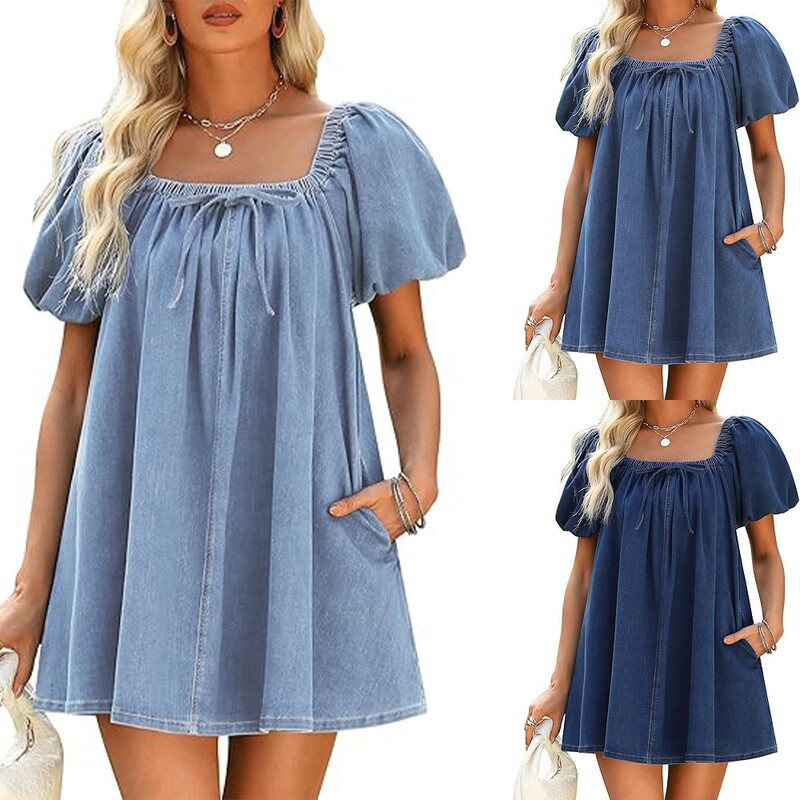 Amazon Independent Station Export Summer Women's Square Neck Puff Sleeve Lace-Up Elegant Denim Short Dress