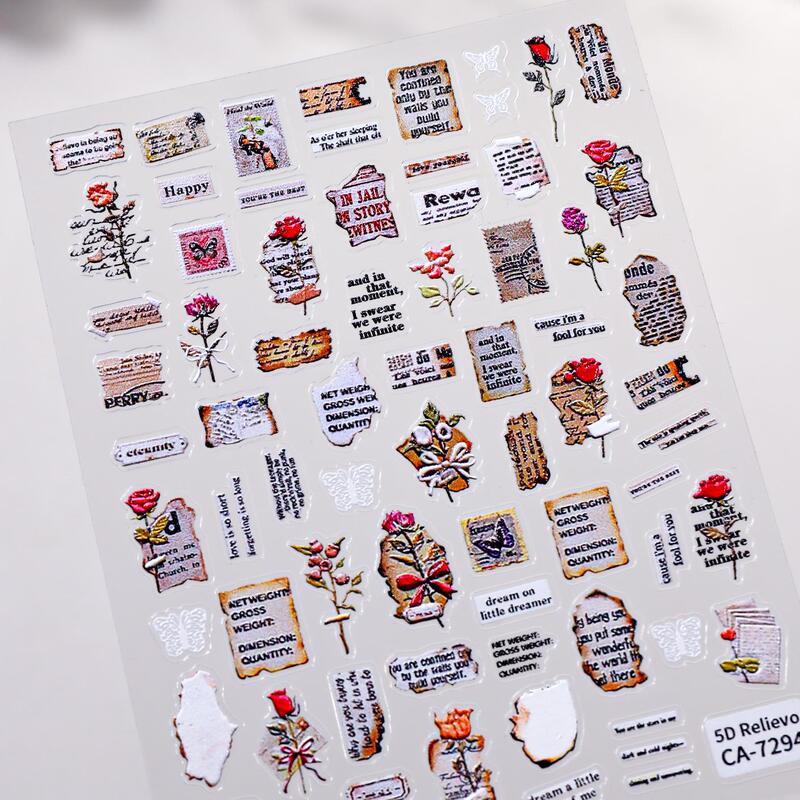 Retro Newspaper Fragments Nail Art Stickers 5D Relief Stereo Literary Rose Poster Nail Decal Jewelry Ca Style Retro Newspaper Fragments Nail Art Stickers 5D Relief Stereo Literary Rose Poster Nail Decal Jewelry Ca Style