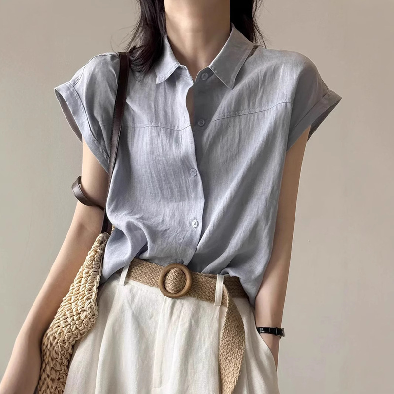 Korean Style Flying Sleeve Linen Shirt for Women, Summer Design Niche Sleeveless French Top, High-End Retro Shirt