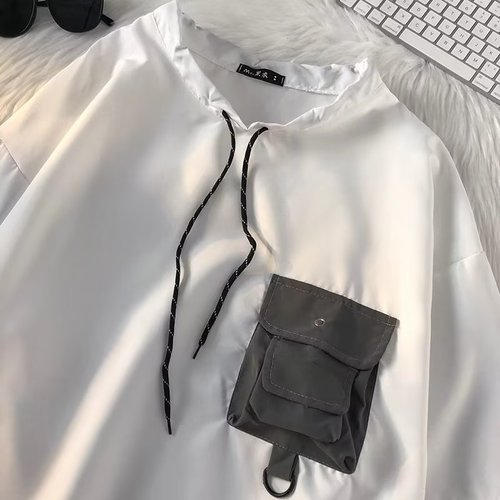 Men's Summer Loose Trendy High Street Pocket T-Shirt with Hong Kong Style Insided-out Drawstring Short Sleeve T-Shirt for Casual Outfits