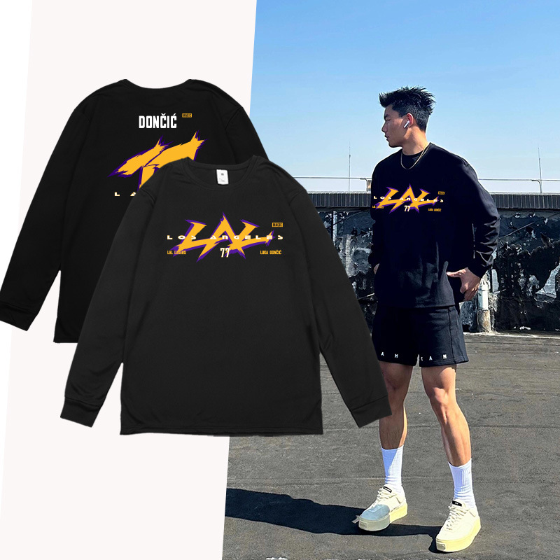 American T-Shirt Tops Casual Basketball Uniforms Round Neck Autumn and Winter Loose Bottoming Shirts Training Fitness Clothes Quick-Drying Long-Sleeved Men