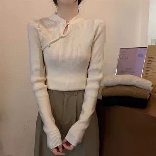新中式内搭半高领毛衣斜扣国风复古针织打底衫女上衣新中式上衣女