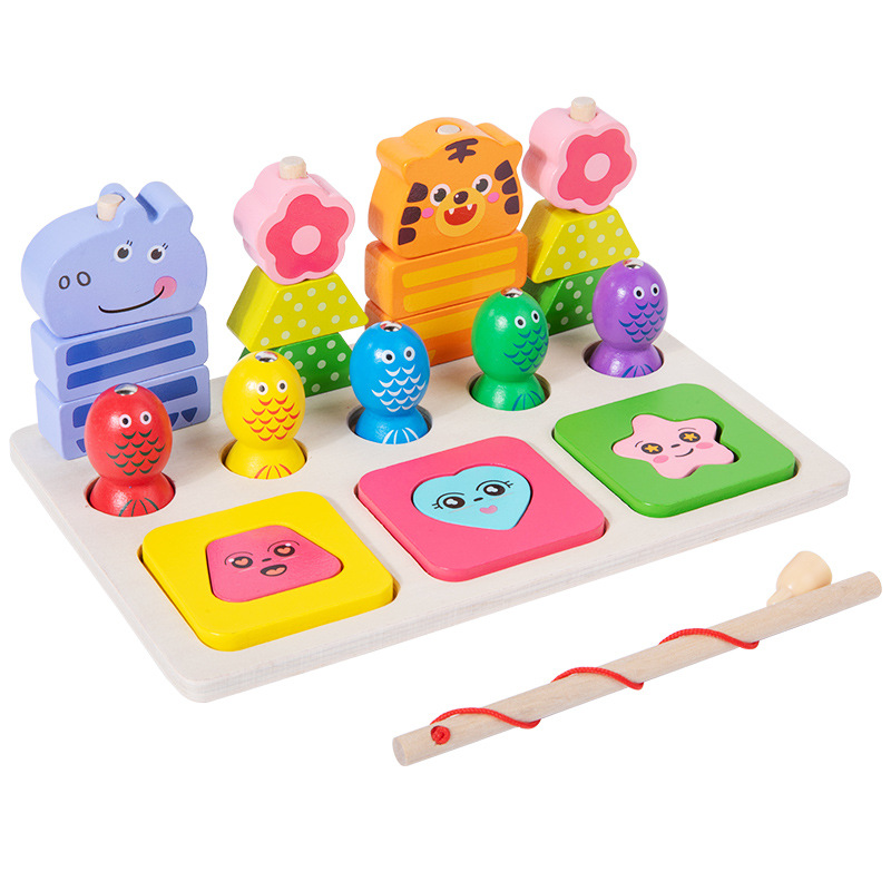 Traje tres en uno de pesca magnética de madera para niños, juego de rompecabezas de educación temprana para bebés de 1-2-3 años, combinación de forma de columna