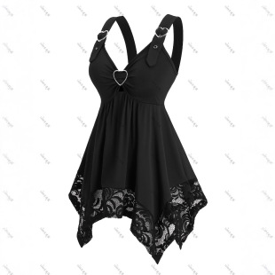 plus size Women's Romantic Valentine's Day Lace Decorated Casual Ruffled Elegant Vest Summer Sleeveless Top