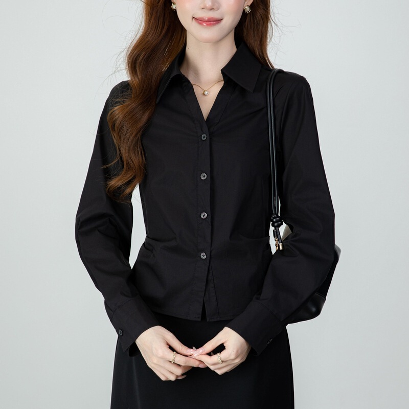 Black shirt for women, 2026 spring/autumn collection, slimming design, professional style, unique long-sleeved top with tie waist Black shirt for women, 2026 spring/autumn collection, slimming design, professional style, unique long-sleeved top with tie waist