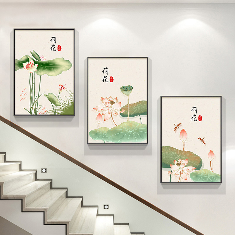 深セン大芬油画村階段階段間装飾画新中国式花鳥ハスの花複式壁画客間|undefined