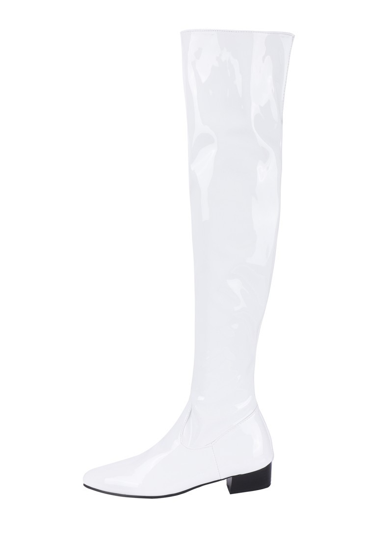 Stivali sopra il ginocchio da donna autunno e inverno con cerniera laterale in vernice color caramella con tacco basso, stivali alti fino al ginocchio W389_voghion.com