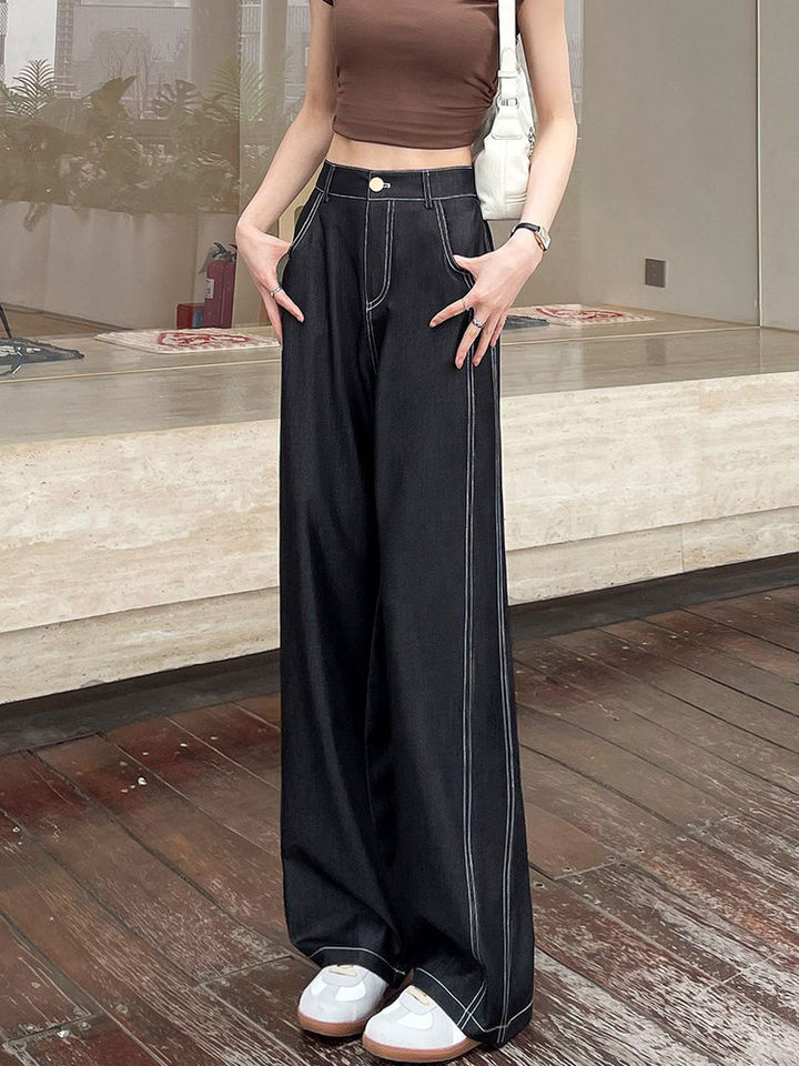 Quần ống rộng giả denim Lyocell Tencel cạp cao dáng mỏng, form suông rủ nhẹ — Denim đen thông thường, Người nhỏ nhắn màu trắng, Quần jean đen cho người nhỏ nhắn, Quần jean đen dáng dài