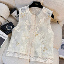 高品质显年轻新中式国风马甲宽松别致欧根纱立体刺绣花朵上衣马夹