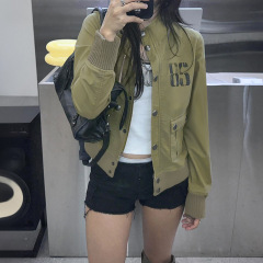 亚马逊欧美街头风复古高街休闲字母印花外套女秋拉链立领飞行夹克
