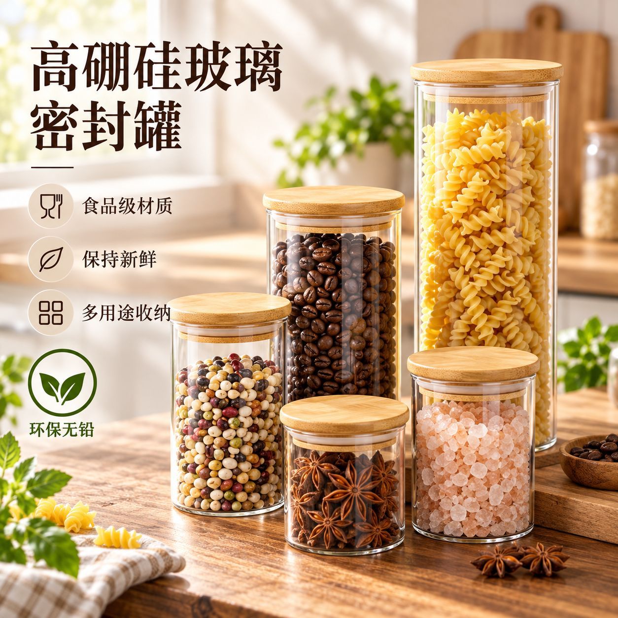 Manufacturer Glass Sealed Jar Kitchen Transparent Storage Jar Bamboo Lid Food-Grade Glass Jar Moisture-Proof Sealed Storage Jar