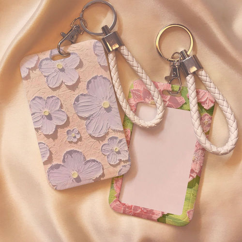 Oil painting flower rice card holder campus student card bus subway access card work ID protective cover with lanyard