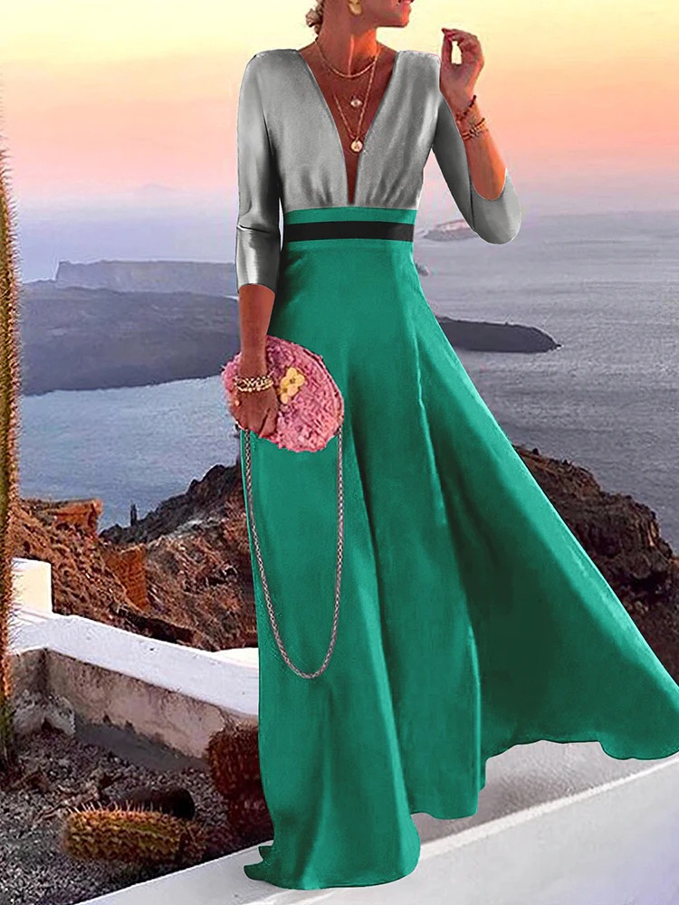 Fashionable Long Sleeve Deep V-Neck Color-Block Party Dress