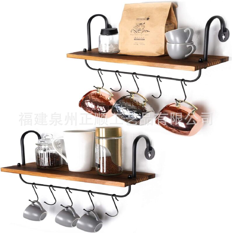 Customized Minimalist Kitchen Bathroom Coffee Corner Wall Shelf Adjustable Hook Cup Holder Towel Storage Rack Rustic Style