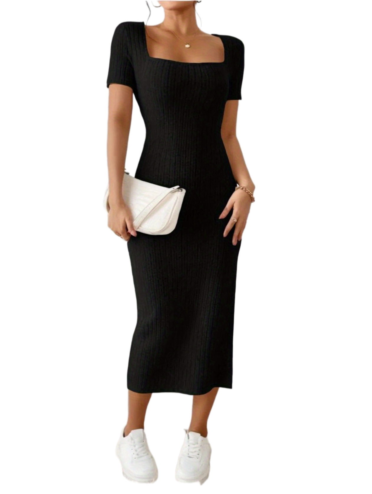 Women's Square Neck Slim Fit Bodycon Dress Sexy Slit European American Style Soft Summer Fashion Dress_ecoleips.com