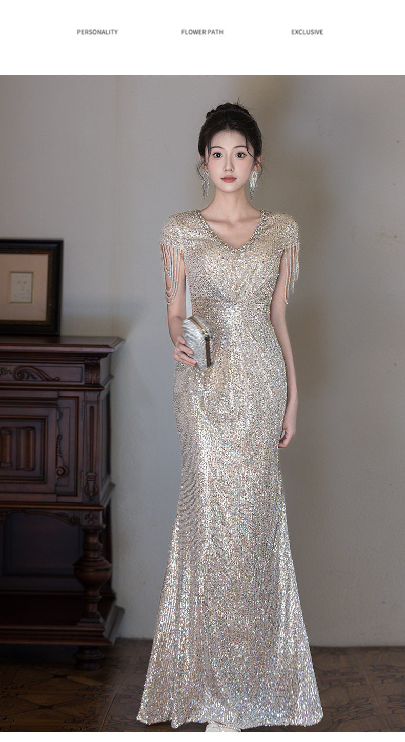 Elegant Silver Sequin Fringe Evening Gown, Mermaid Tail Dress For Formal Banquets, Hosting, Gala Dinners, Pageants_ecoleips.com