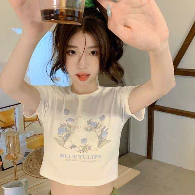 Sweet and Spicy Style Crop Top Short-Sleeve T-Shirt for Women, 2026 Summer New Model, White Cute Dog Print, Slim Fit Student Top