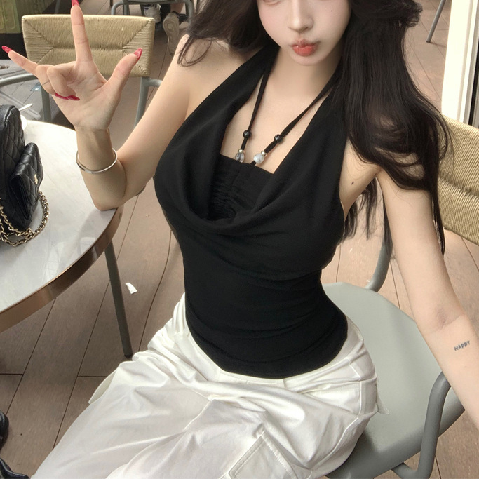 纯欲串珠美背荡领挂脖吊带背心女夏季无袖外穿设计感修身蓝色上衣|undefined