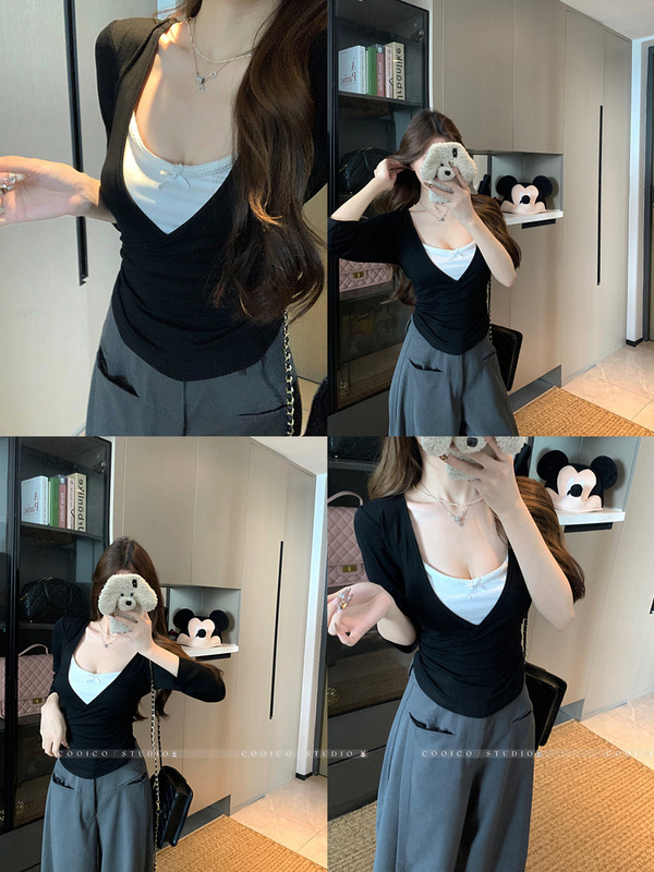 设计感别致假两件撞色长袖T恤女装秋季韩系别致减龄修身显瘦上衣|undefined
